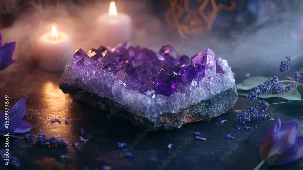 Poster a smooth amethyst crystal slab resting on a polished deep obsidian surface, surrounded by faint wisp