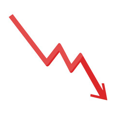 Red downward trending graph arrow isolated on transparent background