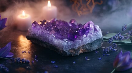 A smooth amethyst crystal slab resting on a polished deep obsidian surface, surrounded by faint wisps of violet mist. Ethereal candlelight glows softly in the background, illuminating scattered dried 