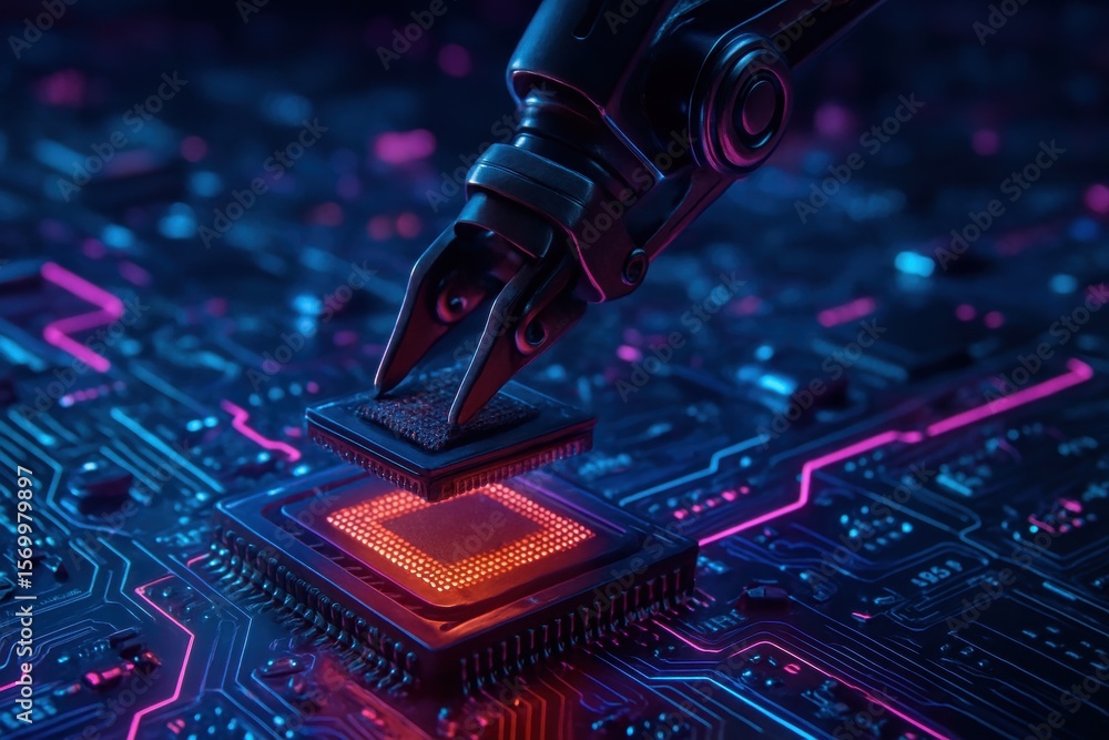 Poster the robotic precision in electronics: a close-up view captures a robotic arm meticulously placing a 