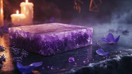 A smooth amethyst crystal slab resting on a polished deep obsidian surface, surrounded by faint wisps of violet mist. Ethereal candlelight glows softly in the background, illuminating scattered dried 