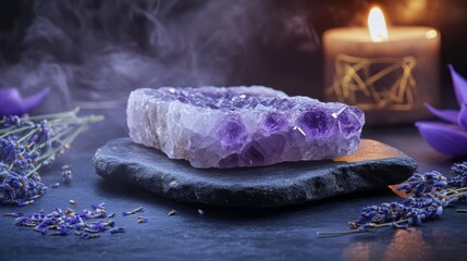 A smooth amethyst crystal slab resting on a polished deep obsidian surface, surrounded by faint wisps of violet mist. Ethereal candlelight glows softly in the background, illuminating scattered dried 