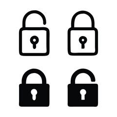 Black and white padlock icons unlocked and locked security