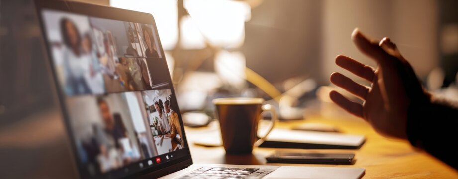 The laptop displaying a virtual meeting with participants engaged in discussion