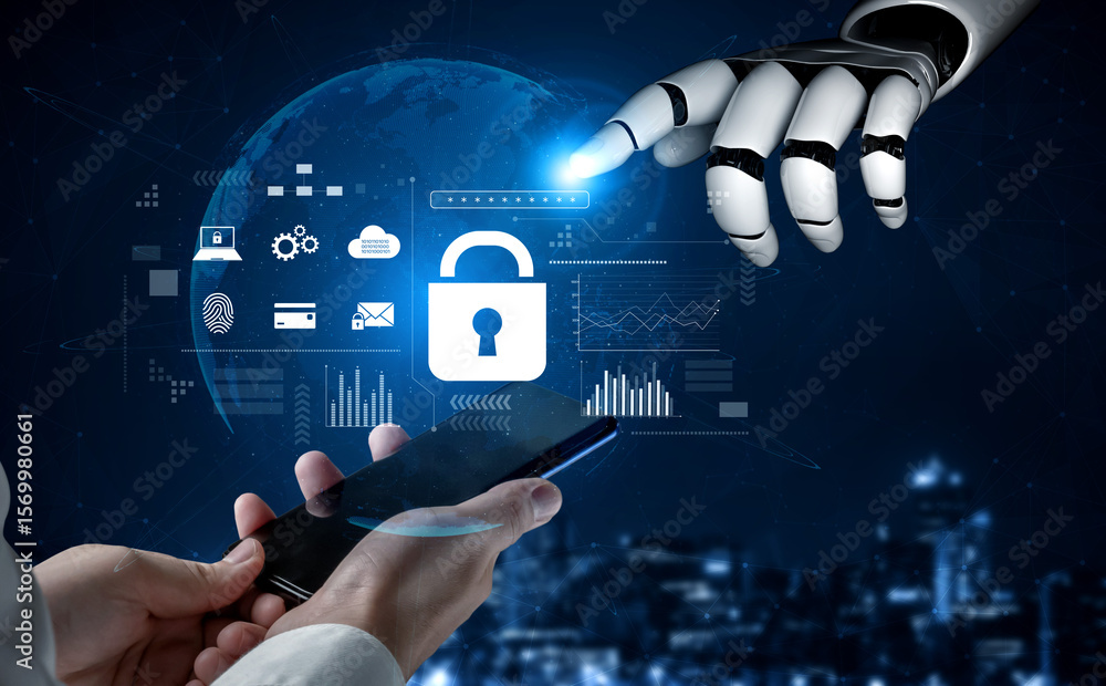 Poster ai-powered lock system showing advanced cybersecurity, identity verification, and data protection an
