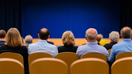 Audience attentively waiting for a presentation in a conference hall with blue backdrop and wooden seating