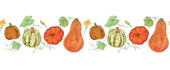 Hand-drawn pumpkins. Seamless horizontal pattern of orange-colored watercolor vegetables and pumpkin leaves. Hand-drawn illustrations for decorating the harvest festival.