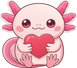 Adorable cartoon axolotl character holding a red heart symbolizing love and affection