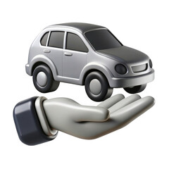 3d silver car on hand isolated on transparent background