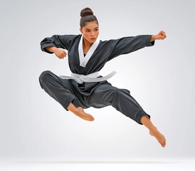 Dynamic Female Martial Artist in Mid-Air Kick