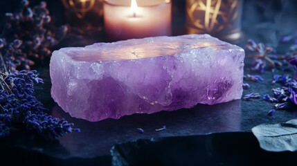 A smooth amethyst crystal slab resting on a polished deep obsidian surface, surrounded by faint wisps of violet mist. Ethereal candlelight glows softly in the background, illuminating scattered dried 