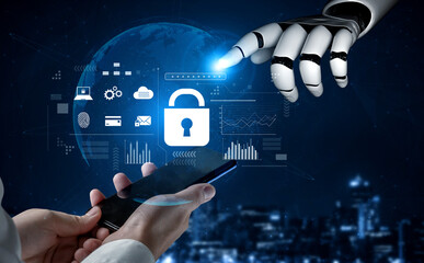 AI-powered lock system showing advanced cybersecurity, identity verification, and data protection...