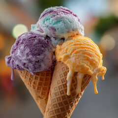 Colorful Ice Cream Scoops in Waffle Cones