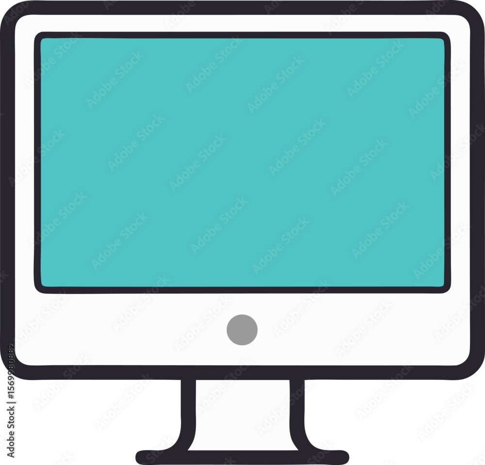 Poster simplified pc monitor: a minimalist illustration of a desktop monitor, displaying a blank cyan scree