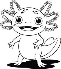 Cute cartoon axolotl illustration in black and white standing and smiling with a happy expression