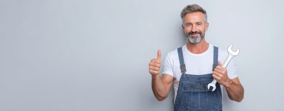 The handyman giving a thumbs-up with a wrench in his hand.