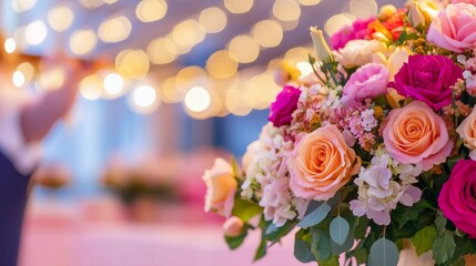 Obraz premium Vibrant floral arrangement with roses and twinkling lights at a festive event in a decorated venue capturing the preparation side of event planning, background with copy space