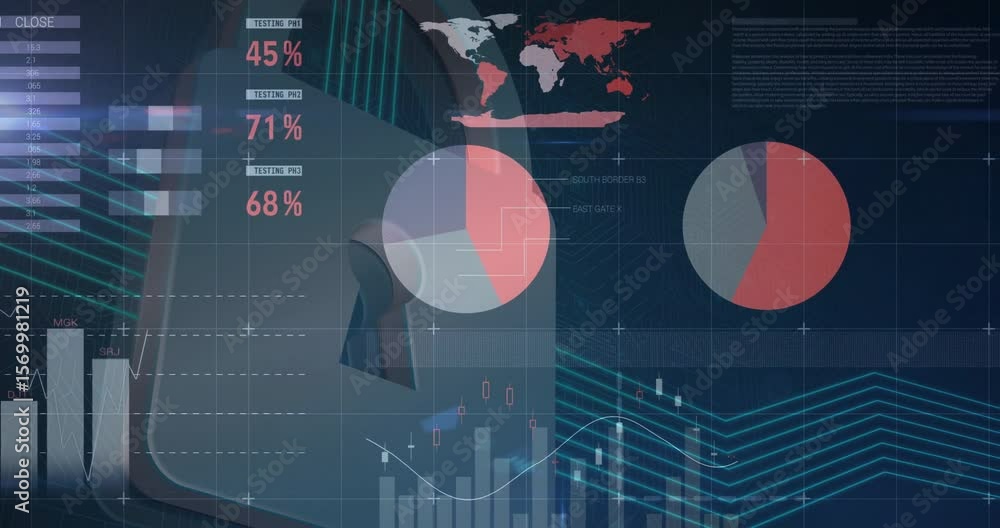 Poster padlock emerging triggers dashboard panels merging, animating and visualizing security metrics