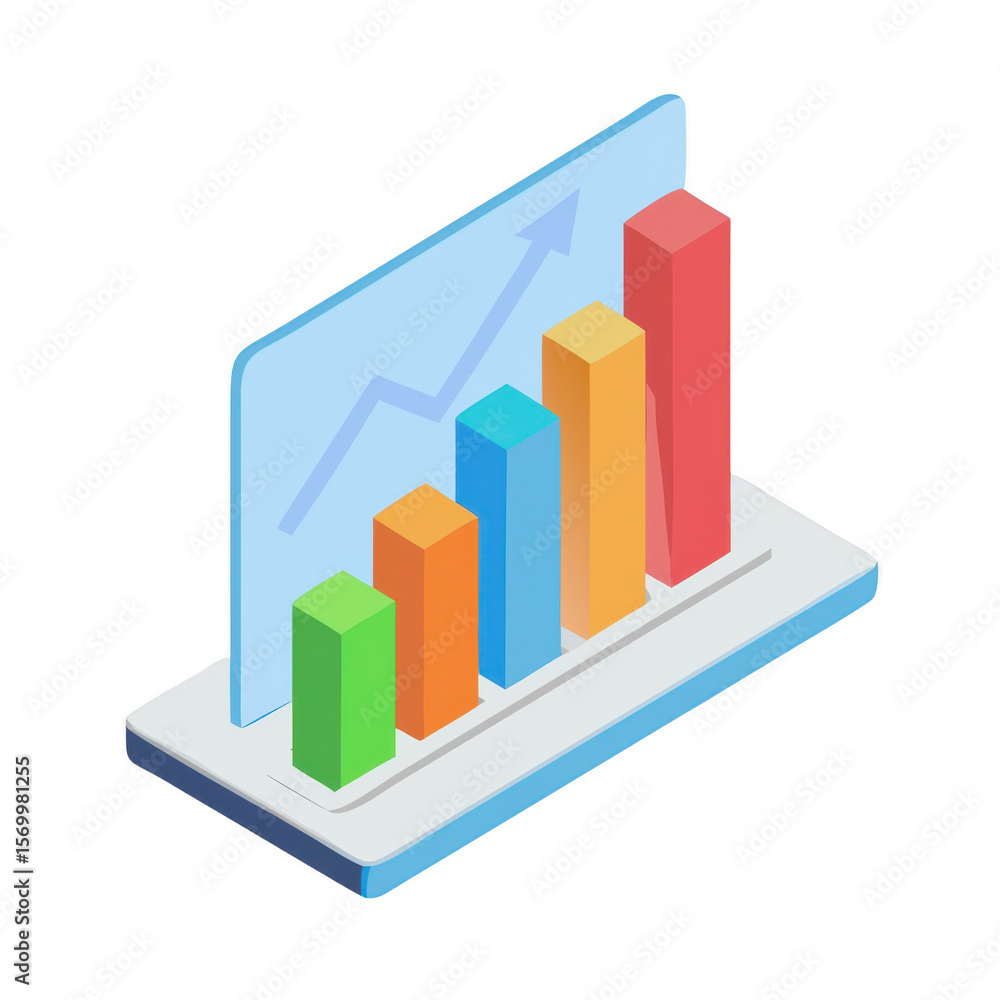 Poster isometric bar graph with upward trending arrow isolated on transparent background
