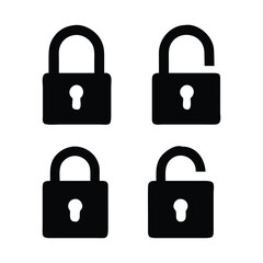 Four black padlock icons unlocked and locked security