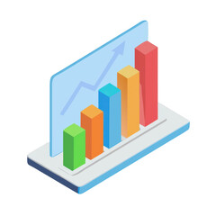 Isometric bar graph with upward trending arrow isolated on transparent background