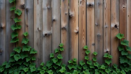 Wooden fence covered with green vines creeping upwards in a garden or backyard setting outdoors