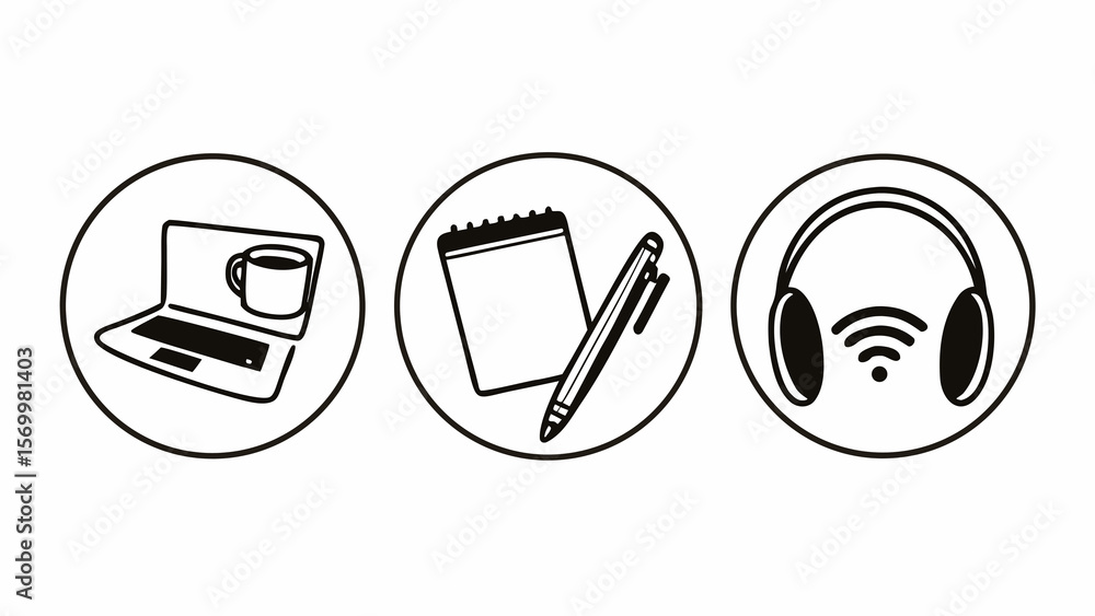 Poster three circular icons depicting a laptop with coffee, notepad with pen, and headphones with wifi crea