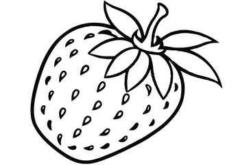 Line Art Illustration of a Strawberry with Seeds and Leaves for Coloring Pages