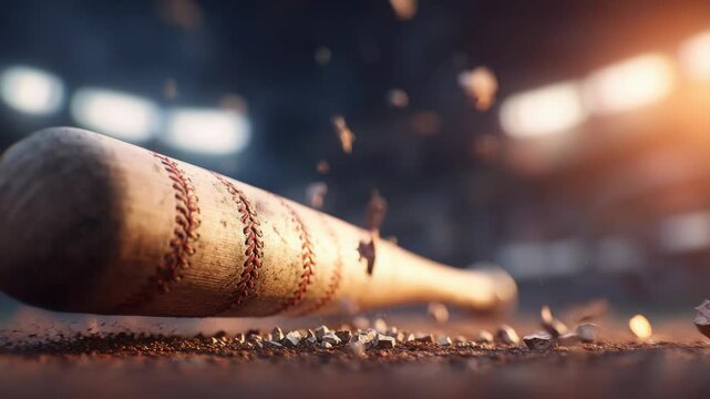 Dramatic close-up of a weathered baseball bat resting on a rough surface field