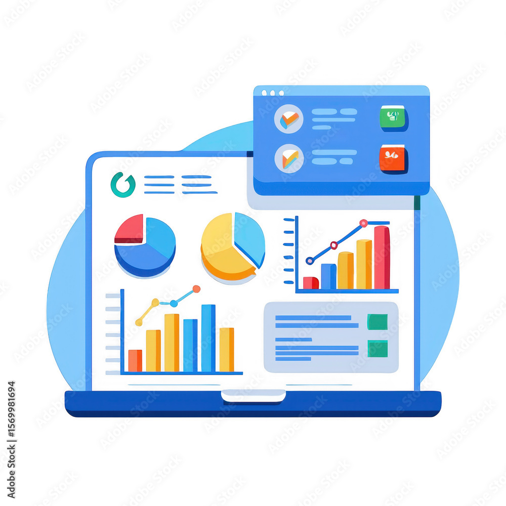 Poster modern laptop displaying financial data and charts isolated on transparent background