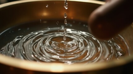 An extreme macro view of a singing bowl's vibration creating bouncing water droplets and ripples, demonstrating sound physics and energy