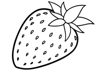 Outlined Strawberry Illustration with Seeds and Leaves, Food, Dessert, Fruit, Monochrome