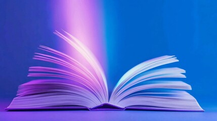 Brightly lit open book with pages fanned out against a blue background featuring vibrant purple and pink hues symbolizing empowerment through knowledge, learning, and enlightenment