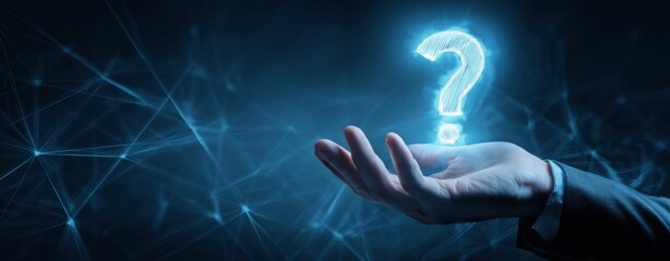 The Hand Holding a Glowing Question Mark in a Digital Landscape