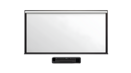 realistic school projector screen mockup, front view rolled down, isolated on transparent background