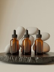Three amber glass dropper bottles on a dark stone slab with white stones in the background
