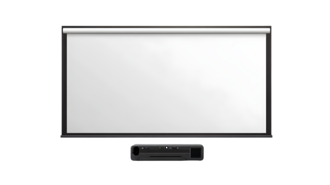 realistic school projector screen mockup, front view rolled down, isolated on transparent background