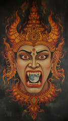 Traditional Thai Art of Rahu Swallowing the Moon | Mythological Deity Illustration