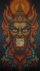 Obraz premium Surreal Thai Mythological Rahu Devouring the Moon | Vintage Thai Art Style