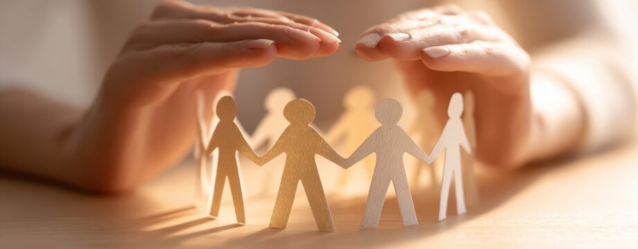 The protective hands safeguarding a circle of paper people representing unity.