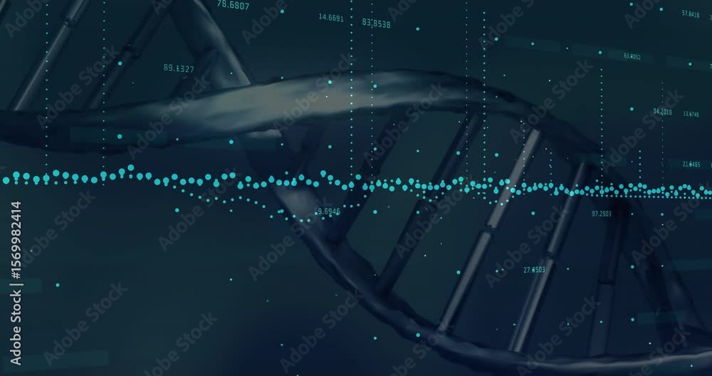 Poster at start 3d dna helix rotating into frame while turquoise data points scrolling for gene analysis