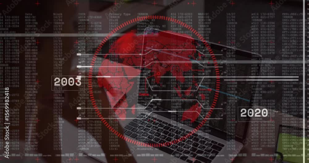 Poster woman watching laptop data code and summoning red globe while visualizing timeline connections