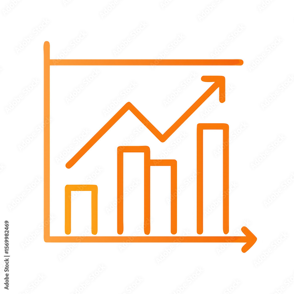 Poster orange line graph with rising trend and bar chart isolated on transparent background