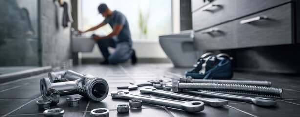 The plumber working diligently in a modern bathroom repair scene.