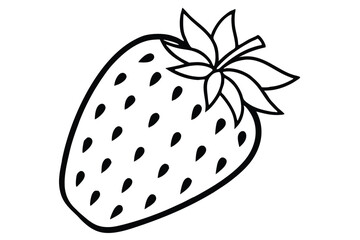Detailed Black and White Line Art of a Fresh Strawberry with Seeds and Stem
