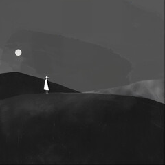 Lone figure in hat standing on dark hills under moonlight