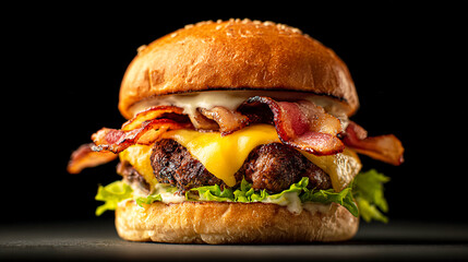 Wagyu beef burger with crispy fried bacon lettuce onions and melted cheddar cheese between toasted buns on wooden board. American cuisine fast food concept