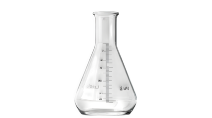 realistic school science lab beaker mockup, side view with measurements, isolated on transparent background