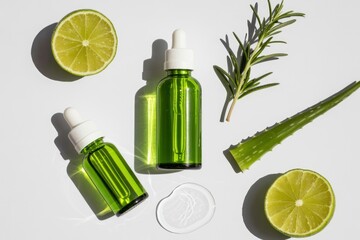 Overhead shot of green dropper bottles with lime slices aloe and rosemary on white background