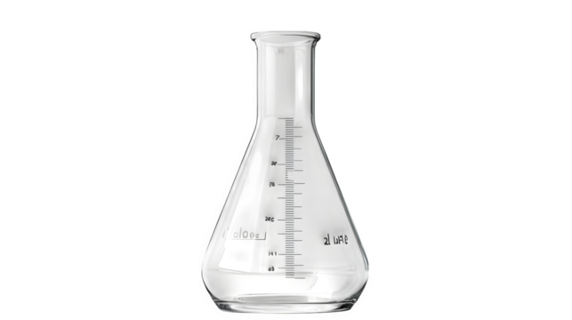 realistic school science lab beaker mockup, side view with measurements, isolated on transparent background